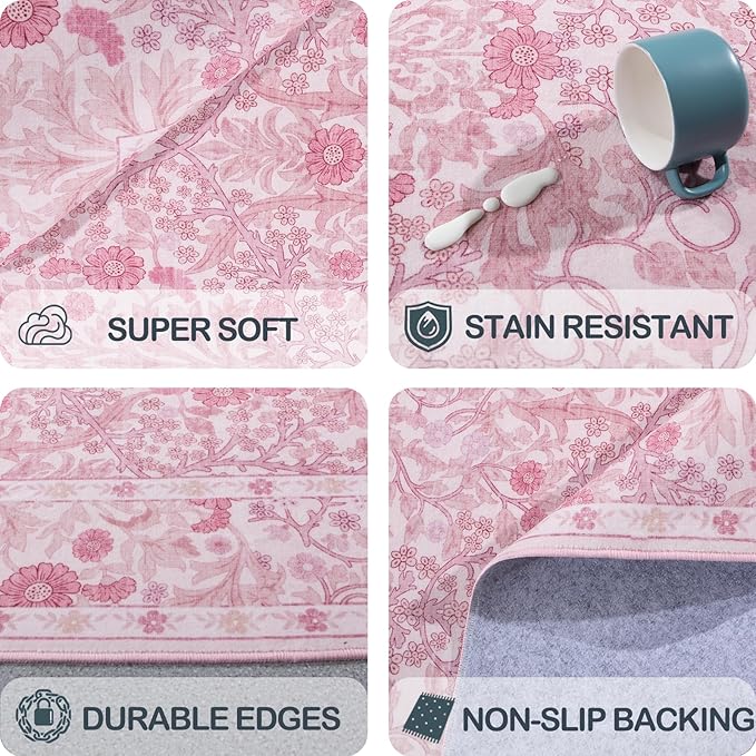 Vintage Pink Living Room Rug, 5x7 Washable Area Rugs - Image 6
