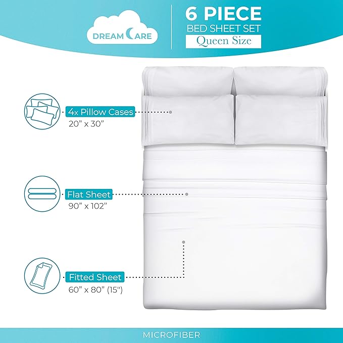 DREAMCARE Queen Sheet Set – 6 pcs Cooling Bed Sheets – up to 15” Deep Sheets Queen Size Bed Set – 2500 Supreme Collection – Extra Soft 100% Brushed Microfiber Hotel Luxury with Side Pocket – White