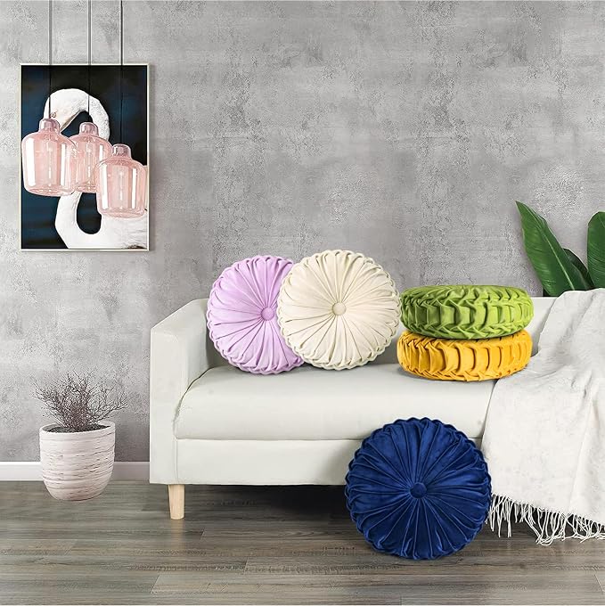 HIG Set of 2 Apple Green Velvet Decorative Round Pleated Throw Pillows | - Image 5