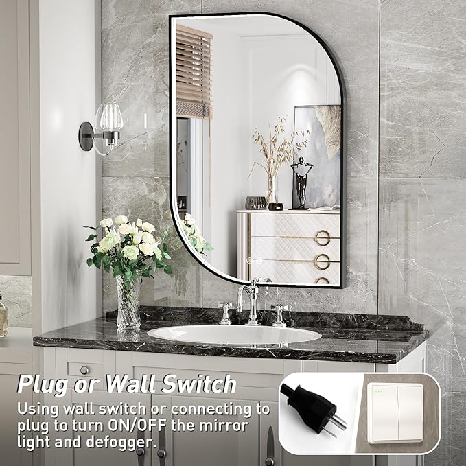 24X36 Inch LED Bathroom Mirror with Lights,Black Frame Lighted Irregular Wall Mirror,Asymmetrical Vanity Mirror,Anti-Fog,Dimmable