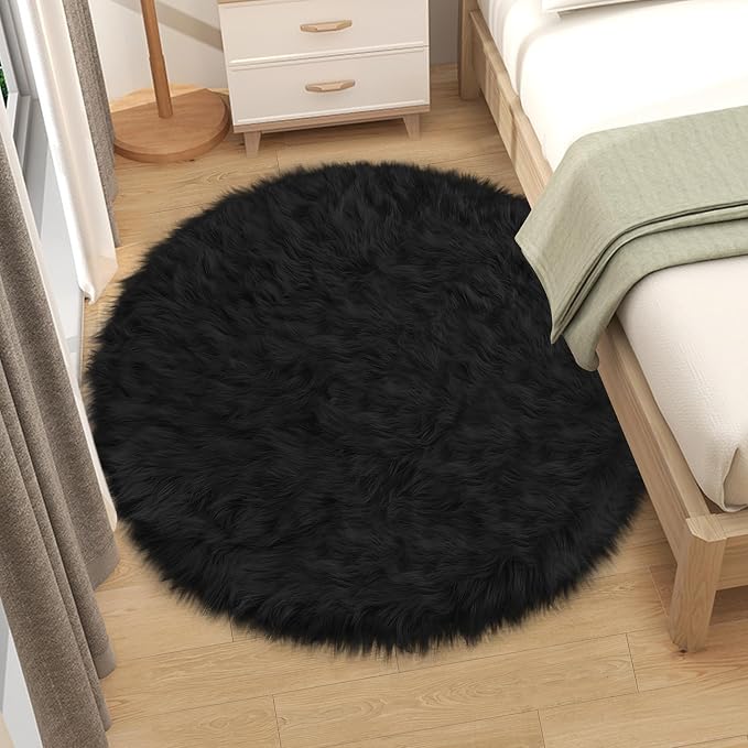 Faux Fur Black Round Rug 4ft for Bedroom, Plush Shaggy Circular Rug for Nursery - Image 3