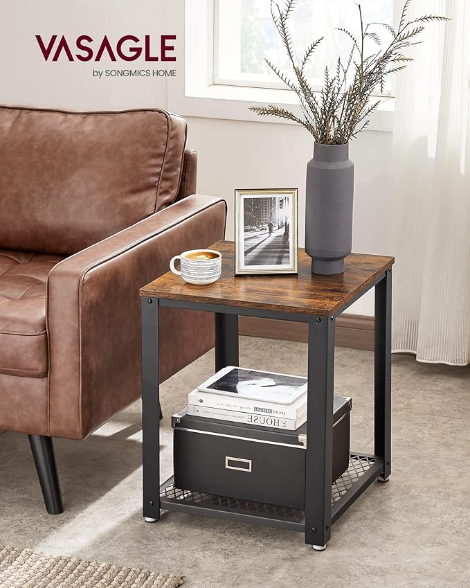 VASAGLE Side Table, 2-Tier Nightstand, End Table with Mesh Shelf, Steel Frame, Adjustable Feet, for Living Room, Bedroom, Industrial Style, Rustic Brown and Black ULET41X, 17.7 x 17.7 x 21.6 Inch