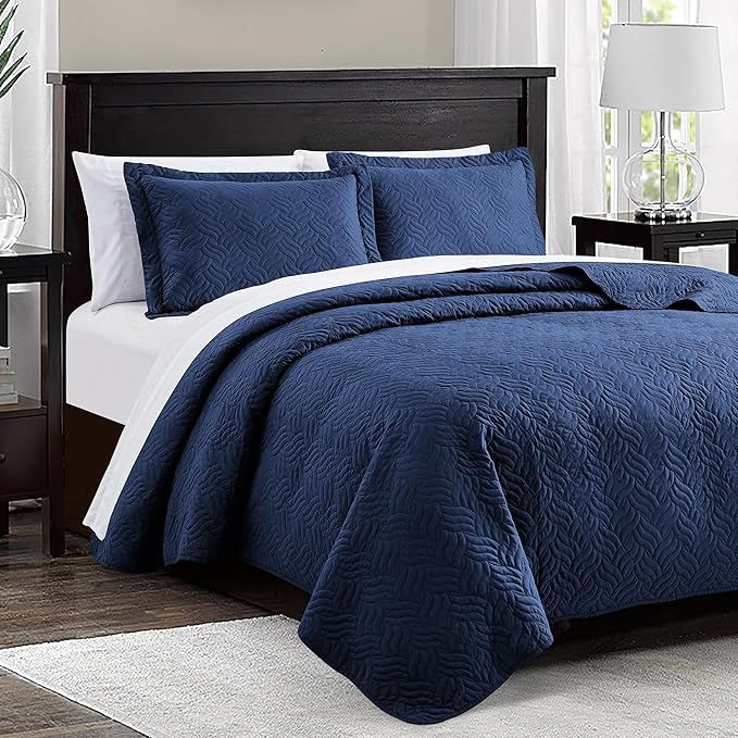 Love's cabin King Size Quilt Set Navy Blue Bedspreads - Soft Bed Summer Lightweight Bedspread Comforter - Modern Style Wave Pattern Coverlet for All Season - 3 Pieces (1 Quilt, 2 Pillow Shams)