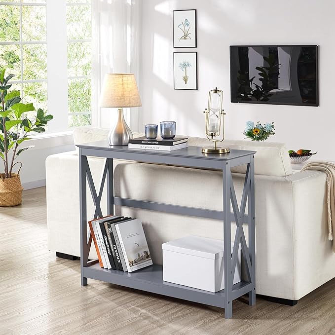 Yaheetech Console Table for Entryway, 2 Tier Narrow Sofa Table Bookshelf Accent Tables w/Storage Shelf, Living Room Entry Hall Foyer Tables Furniture, Grey