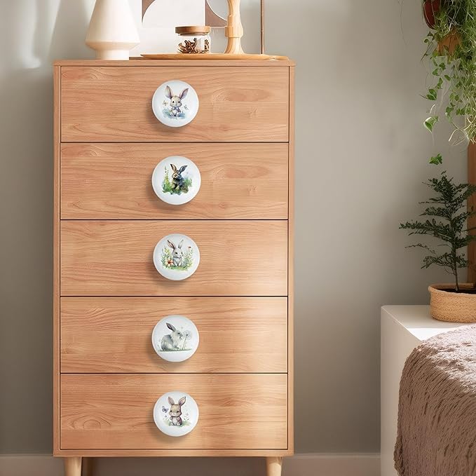 8pack1.5 Rabbit with Flower Ceramics Cabinet Knob Handle Round Animal Nursery Kids Room Furniture Dresser Drawer and Pulls