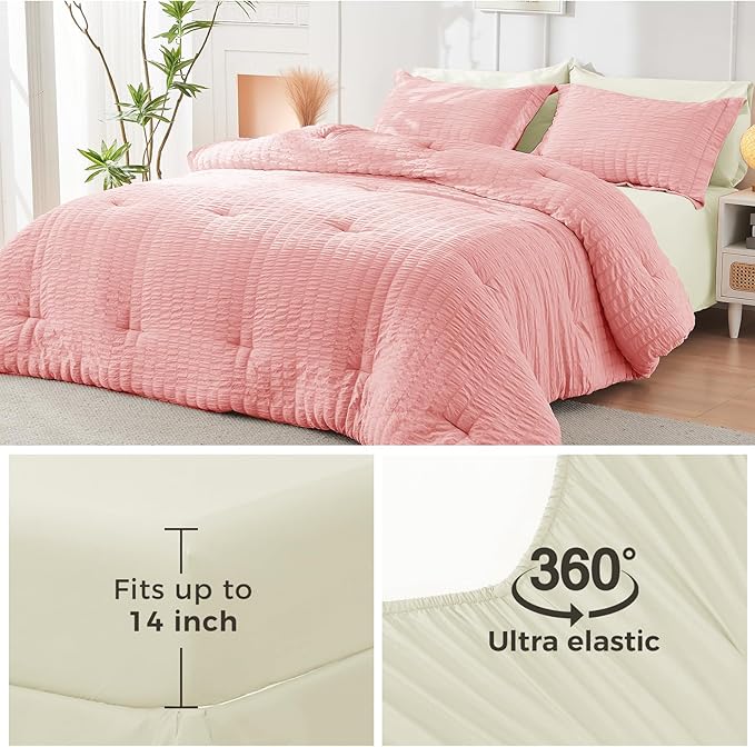 HYMOKEGE Pink/Ivory Twin XL Comforter Set Seersucker 5 Pieces, All Season Luxury Bed in a Bag for Bedroom, Bedding Set with Comforter, Sheets, Pillowcase & Sham
