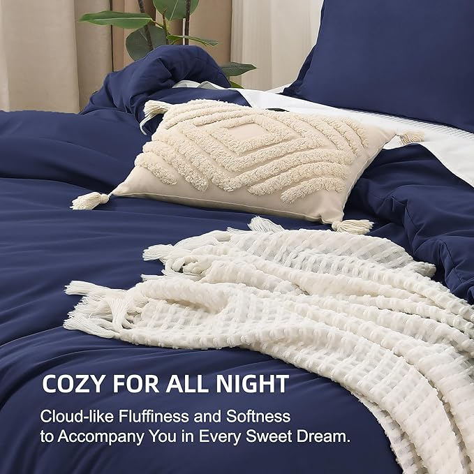 Litanika Comforters Navy Blue Super King Plus Size, 3 Pieces Lightweight Solid Bedding Set & Collections, All Season Fluffy Bed Set (128x120In Comforter & 2 Pillowcases)