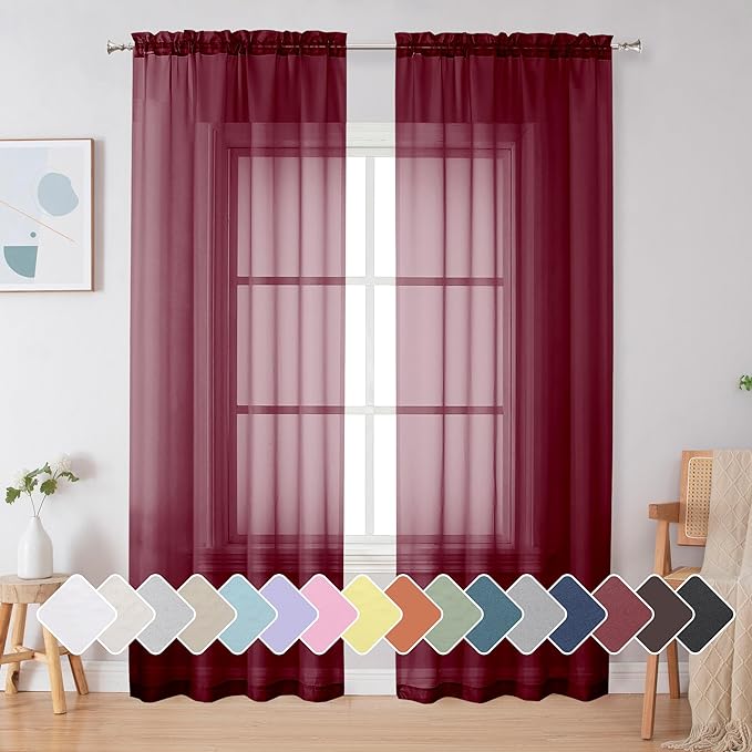 Simplebrand Red Sheer Curtains 84 Inches Long, Light Filtering Rod Pocket Solid by Simplebrand