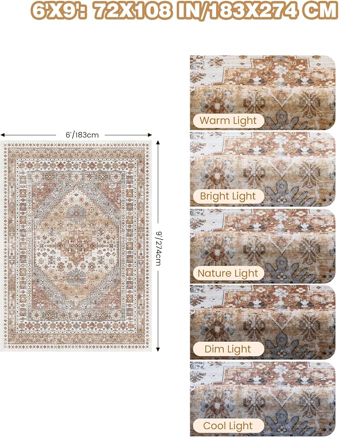 6x9 Area Rugs for Living Room Vintage Washable Rug, Non-Slip Backing Large Area - Image 2