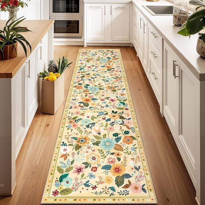 Floral Washable 2x8 Area Rugs Runner Entryway Hallway Ivory/Yellow | Flower - Image 6