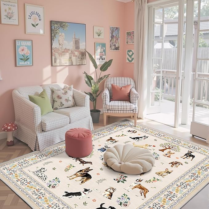 Beige Floral Area Rug 4x6 for Bedroom Livingroom | Low Pile; Non Slip;Machine by WelcometoBabovid