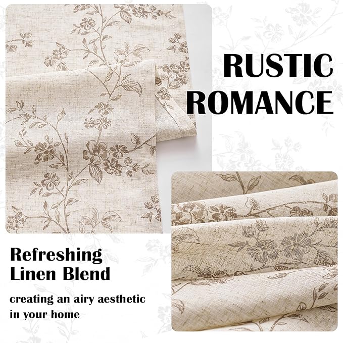 Taupe Vintage Floral Linen Curtains Farmhouse 38W X 90L 2 Panels | Elisa Series - Image 6