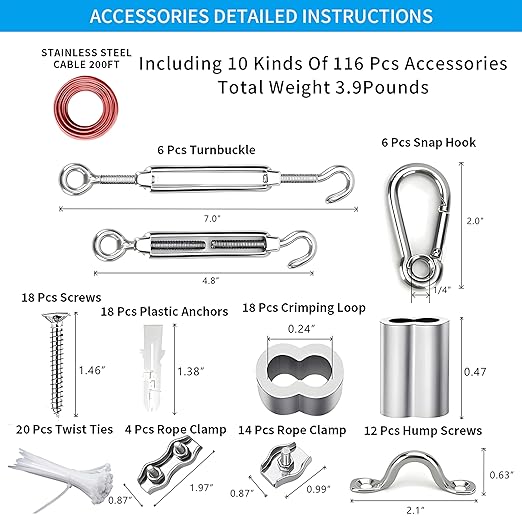 Globe String Light Suspension Kit, Outdoor Light Guide Wire, Vinyl Coated Stainless Steel Steel Cable，Include 200ft Transparent PVC and 304 Stainless Steel Wire Cable, Turnbuckle and Hooks