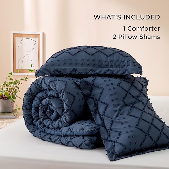 Bedsure Oversized King Comforter Set - Navy Blue Comforter, Boho Tufted Shabby Chic Bedding, 3 Pieces Vintage Farmhouse Bed Set for All Seasons, Fluffy Soft Bedding with 2 Pillow Shams