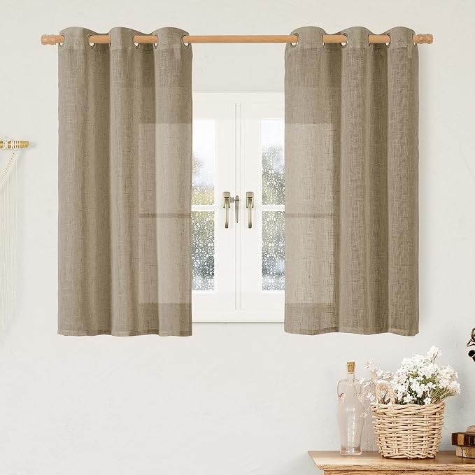 Taupe Short Linen Curtains for Small Windows 40 Inch Length, Semi Sheer Light by LAMIT
