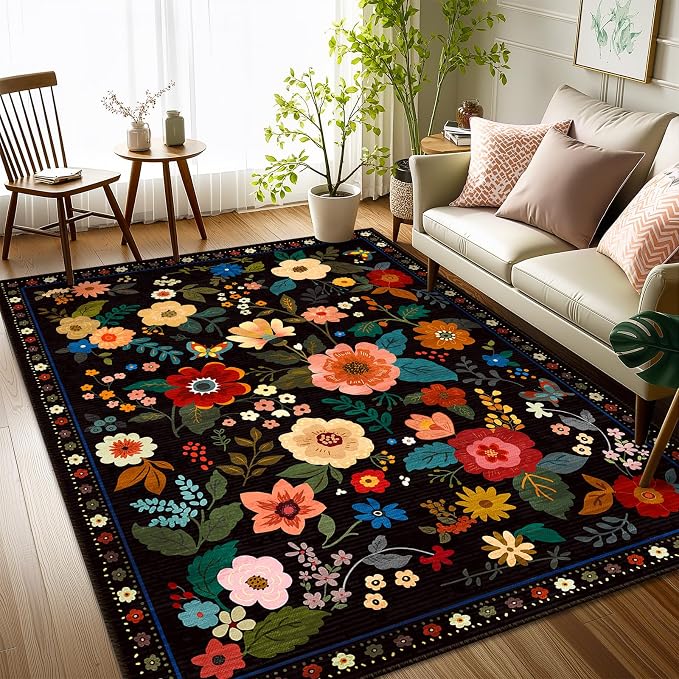 RELEANY Floral Washable 3x5 Area Rugs Black | Flower Carpet Print Boho Cute Non - Image 8