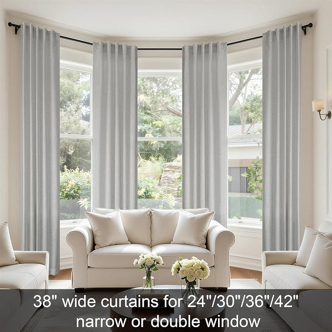 Grey Curtains 38 Inch Wide for Bedroom 2 Panels Rod Pocket Back Tab Loops Semi - Image 2
