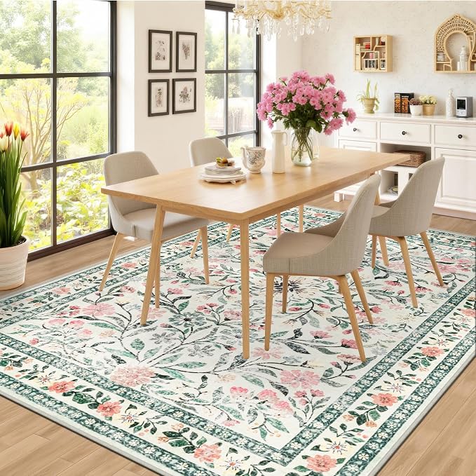 PLHXFR 6x9 Area Rug Living Room: Floral Washable Boho Carpet Green Beige | - Image 6