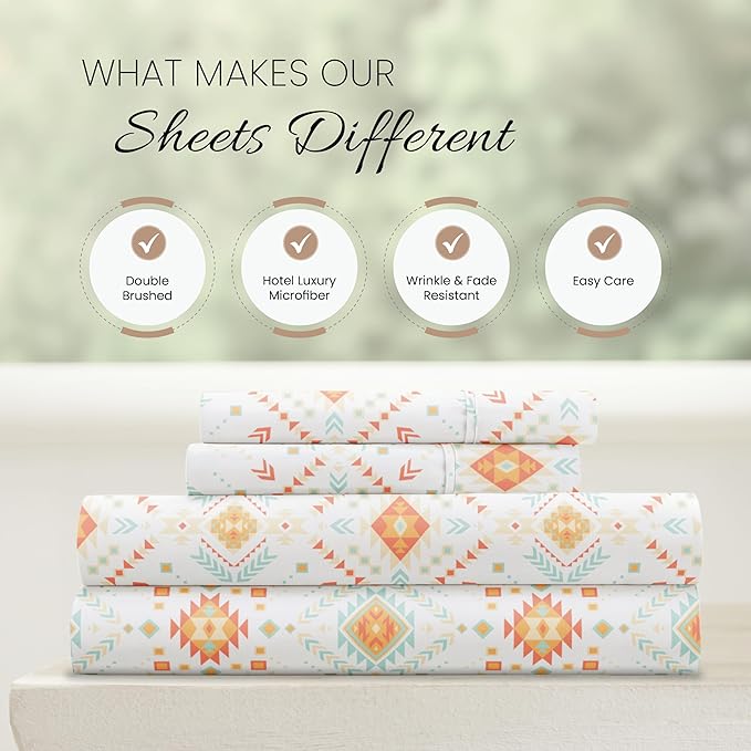 Linen Market Double-Brushed Patterned Microfiber Queen Sheet Set 4 Piece – Oeko-TEX Certified Ultra Soft & Wrinkle-Free - 16" Deep Pocket Sheets - Easy Care Queen Size - Aztec Dreams Coral