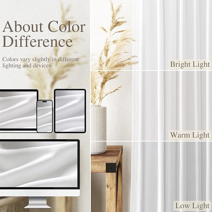 White Kitchen Curtains 36 Inch Length Set 2 Panel Back Tab Pocket Semi Sheer - Image 4