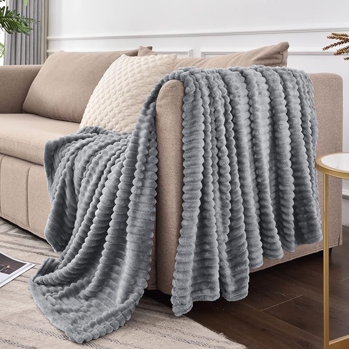 BEDELITE 3D Ribbed Jacquard Grey Fleece Throw Blanket - Image 5