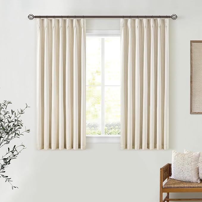 Cream Beige Pleated Black Out Linen 45 Inch Curtains - Image 7