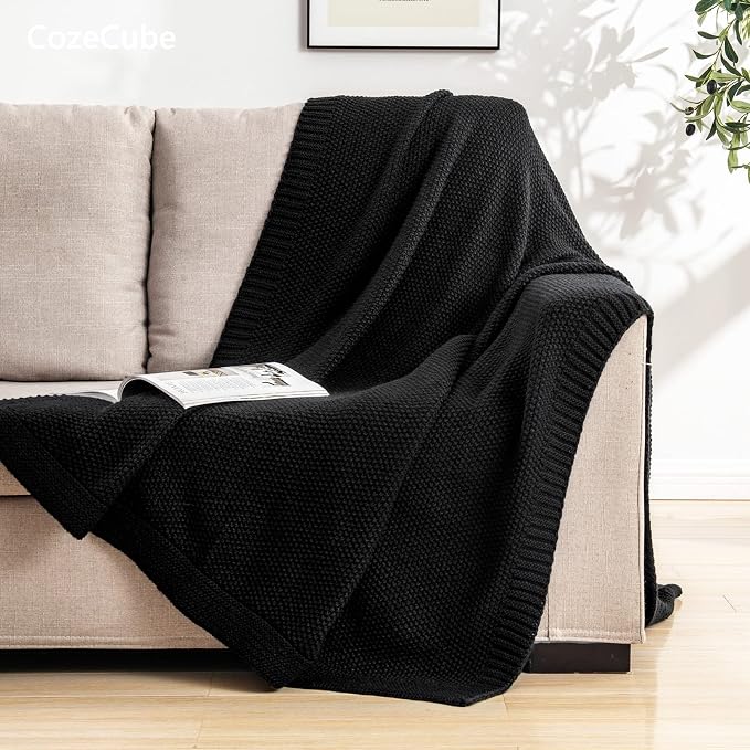 CozeCube Jet Black Seed Stitch Throw Blanket 50"x60", Farmhouse Decor | Blanket - Image 3