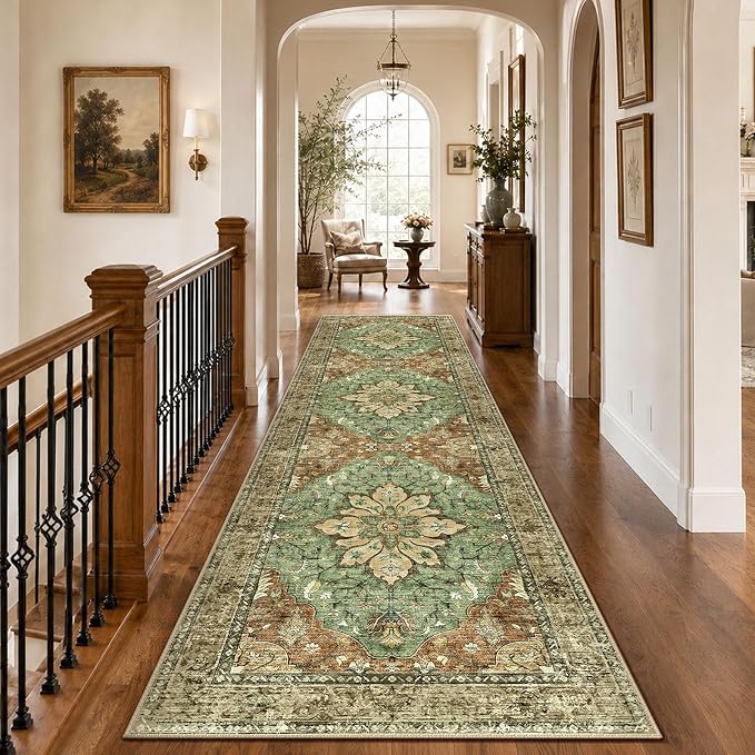 RELEANY Washable Area Rug, Runner 3'x10', Brick/Brown/Green | Non-Slip by RELEANY