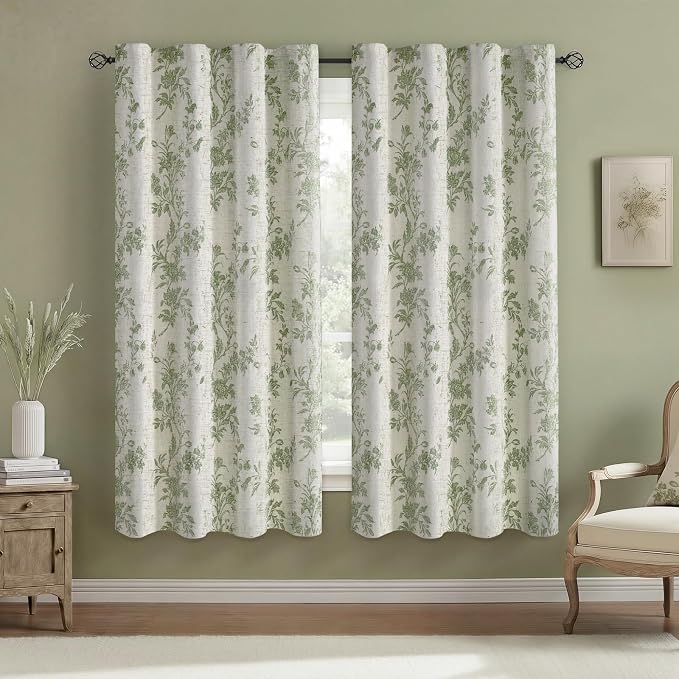 Sage Green Boho Floral 100% Blackout Curtains 72 Inch 2 Panels | Farmhouse by Unknown