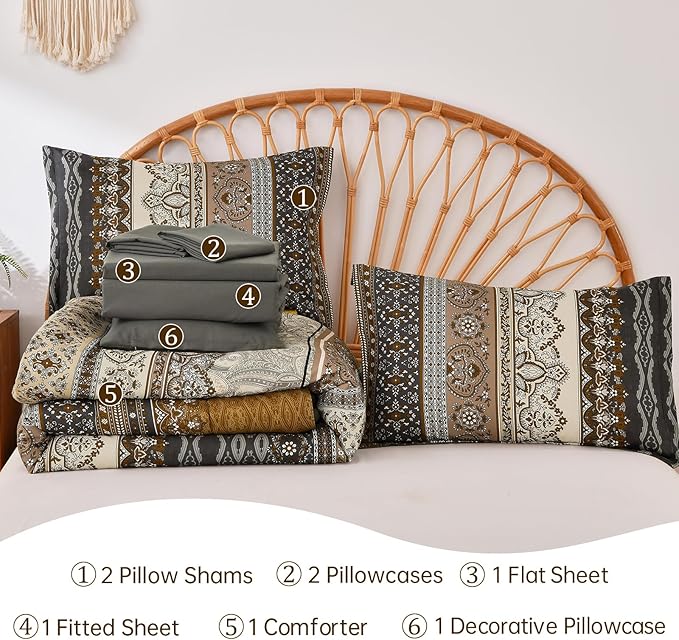 Cottolester Boho King Comforter Set 8 Pieces,Brown Black Bohemian Comforter Paisley Striped Bed in A Bag,Soft Microfiber Bedding Set for All Season