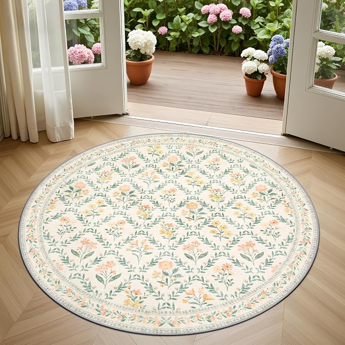PLHXFR Round Area Rug Living Room: 4 ft Floral Washable Carpet Beige Multi | - Image 2