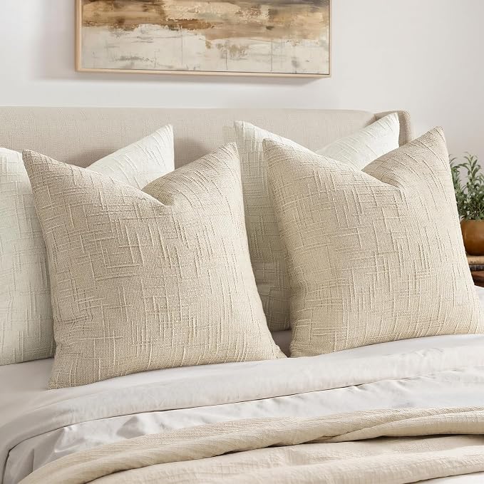 MIULEE Chenille Textured Throw Pillow Covers Beige 18x18 Set of 2 | Slubby - Image 5