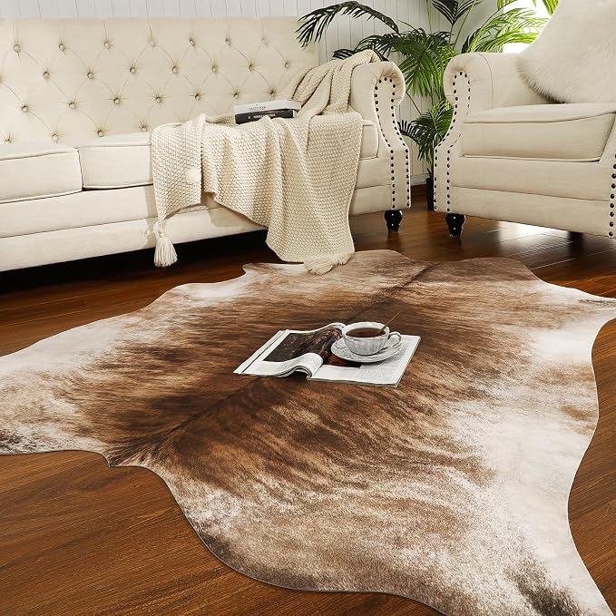 Western Faux Cowhide Rug, Animal Cow Hide Rug, 6.2 x 5.2 Ft Brownish | Premium - Image 3