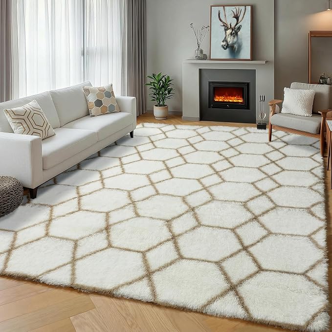6x9 Area Rugs for Living Room Bedroom, Fluffy White and Beige Geometric Rug | - Image 7