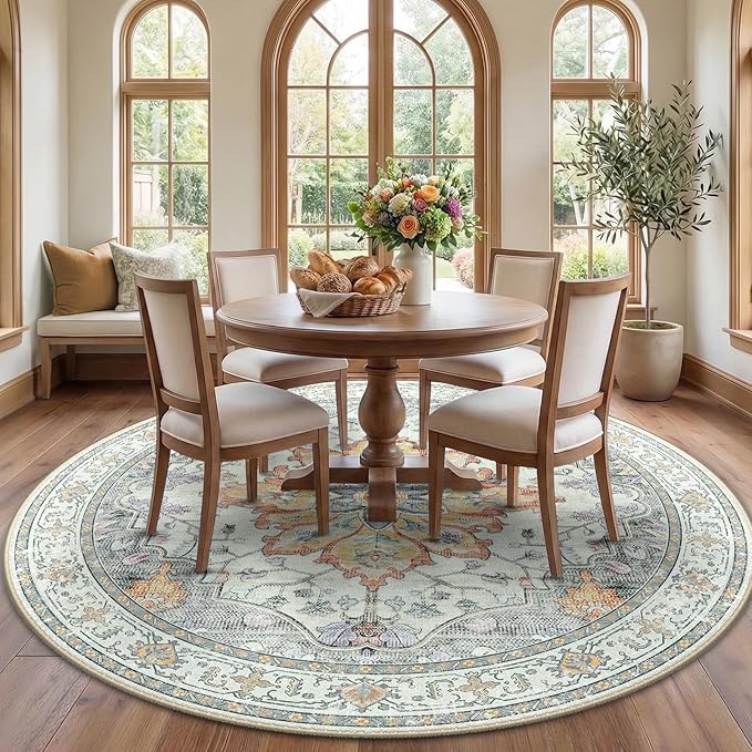 RELEANY Washable Area Rug, Round 7ft, Water Repellent, Pet Friendly, Vintage by RELEANY