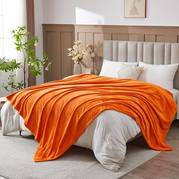 NEWCOSPLAY Super Soft King Blanket Orange Premium Silky Flannel Fleece Leaves Pattern Lightweight Bed Blanket All Season Use (Orange, King(90"x110"))