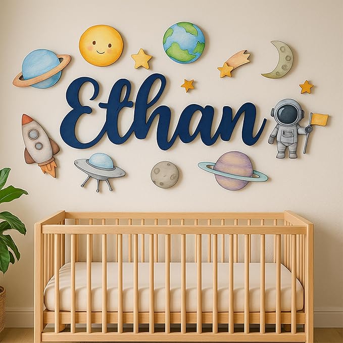 Custom Nursery Name Sign with Themed Decor Kit | Personalized Wooden Wall Art for Baby, Kids Room | Space, Jungle, Circus, Under the Sea, Woodland, Rainbow (30", Space)