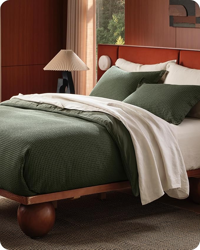 Bedsure Cotton Duvet Cover Set - 100% Cotton Waffle Weave Olive Green Duvet Cover Oversized King Size, GentleSoft™ and Breathable Bedding Set for All Season, 3 Pieces, 120"x98"