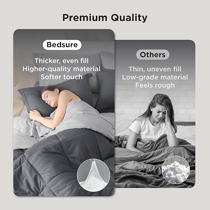 Bedsure Dark Grey Twin XL Comforter Set - 5 Pieces Reversible Twin XL Bed in a Bag for College, Extra Long Twin Bed Set Dark Grey with Comforters, Sheets, Pillowcase & Sham