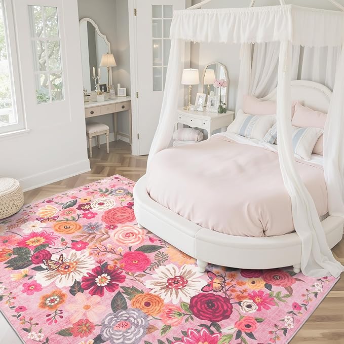 Pink Floral Area Rug 5x7 for Living Room Bedroom | Ultra-Thin; Non Slip; Stain - Image 2