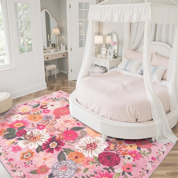 Pink Floral Area Rug 4x6 for Bedroom Living Room | Ultra-Thin; Non Slip; Stain - Image 6