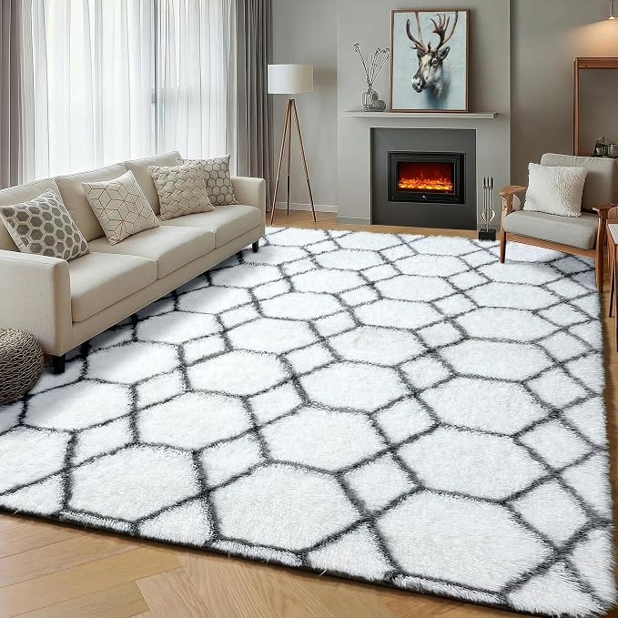 Area Rugs for Living Room, 5x8 Fluffy White and Grey Bedroom Geometric Rug | by ONASAR