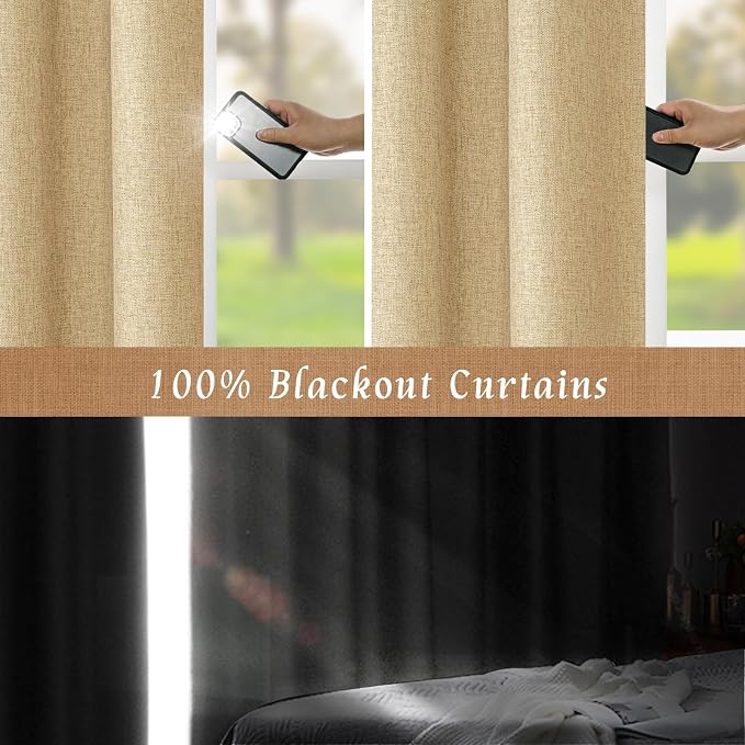 Natural 100% Blackout Linen Bedroom Curtains 63 Inches 2 Panels | Full Room - Image 4