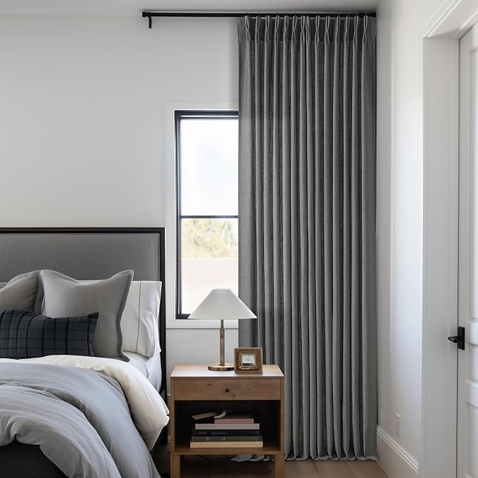 Dark Gray Linen Pinch Pleated Light Filter Curtains 96 Inches Long 2 Panels | - Image 8
