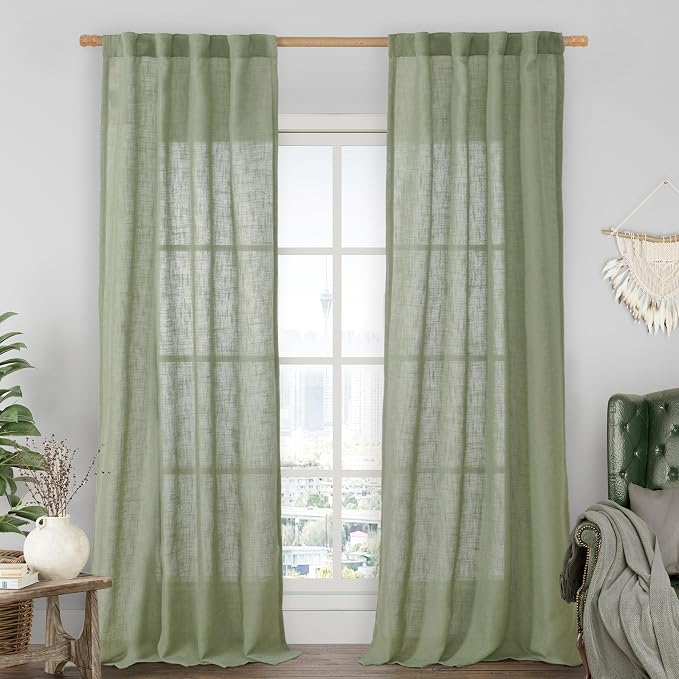 Sage Green Linen Boho Curtains for Bedroom Living Room 2 Panels | 84 inch Length by LAMIT