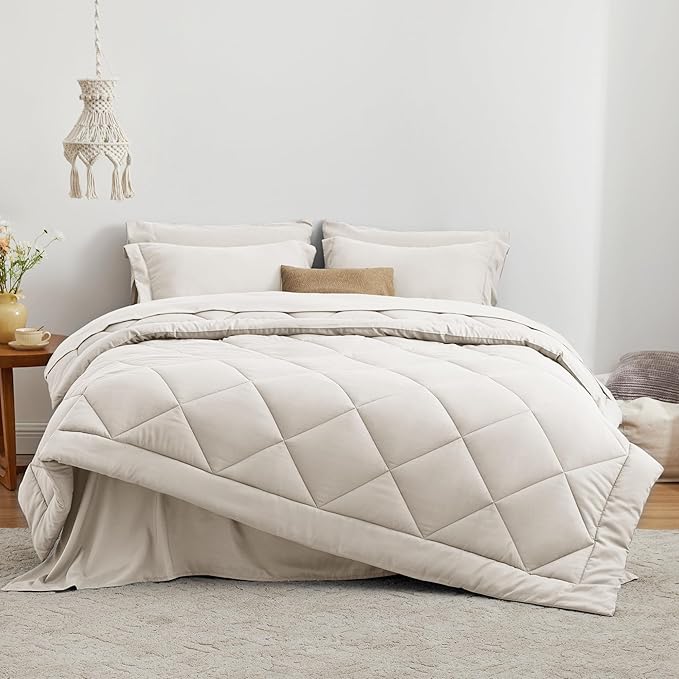 Love's cabin Twin XL Comforter Set Off White, 5 Pieces Twin XL Bed in a Bag, All Season Bedding Sets with 1 Comforter, 1 Flat Sheet, 1 Fitted Sheet, 1 Pillowcase and 1 Pillow Sham