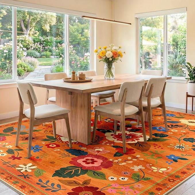 RELEANY Floral Washable 9x12 Area Rugs BurntOrange | Flower Carpet Print Boho - Image 2