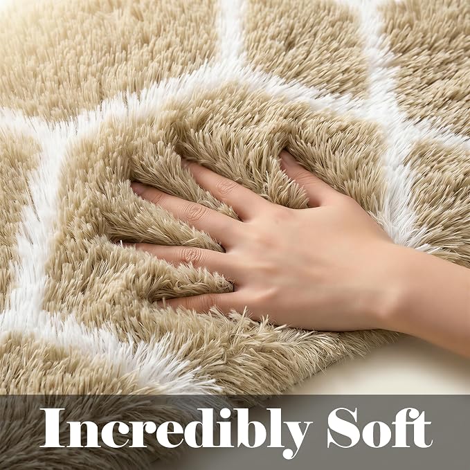 5x7 Area Rugs for Living Room Bedroom, Fluffy Beige and White Geometric Rug | - Image 2