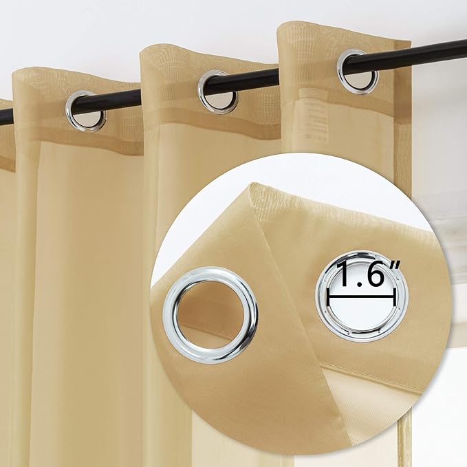 DUALIFE Tan Beige Sheer Curtains with Grommet,Look Semi Natural Taupe Sheer Windows Panels,Elegant Solid Color Touch Soft Drapes, 52X96 Inch for Living Room Bedroom,Set of 2 Panels Khaki