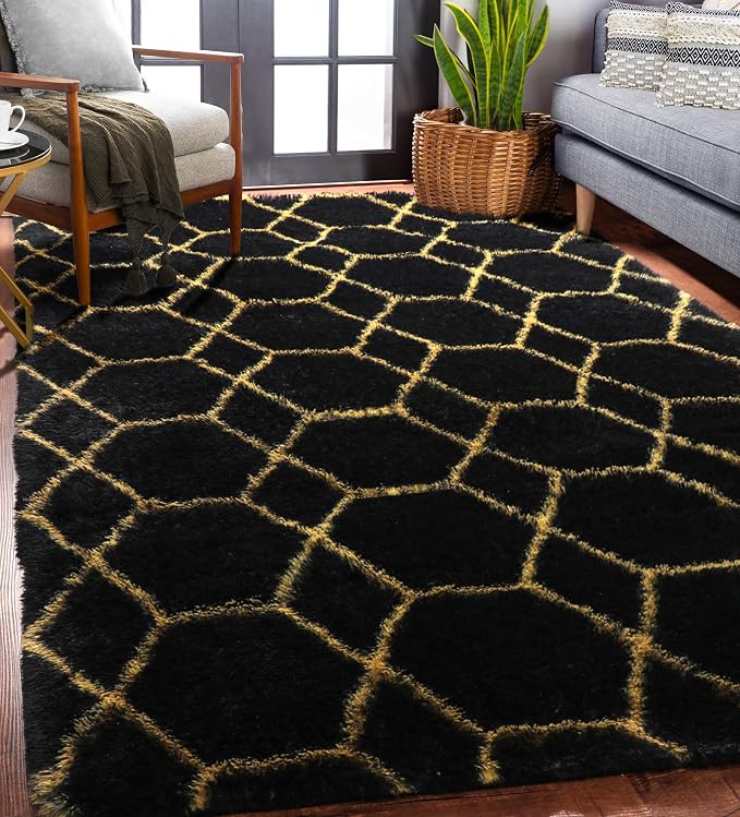 Area Rugs for Living Room, 5x8 Fluffy Black and Gold Bedroom Geometric Rug | - Image 6